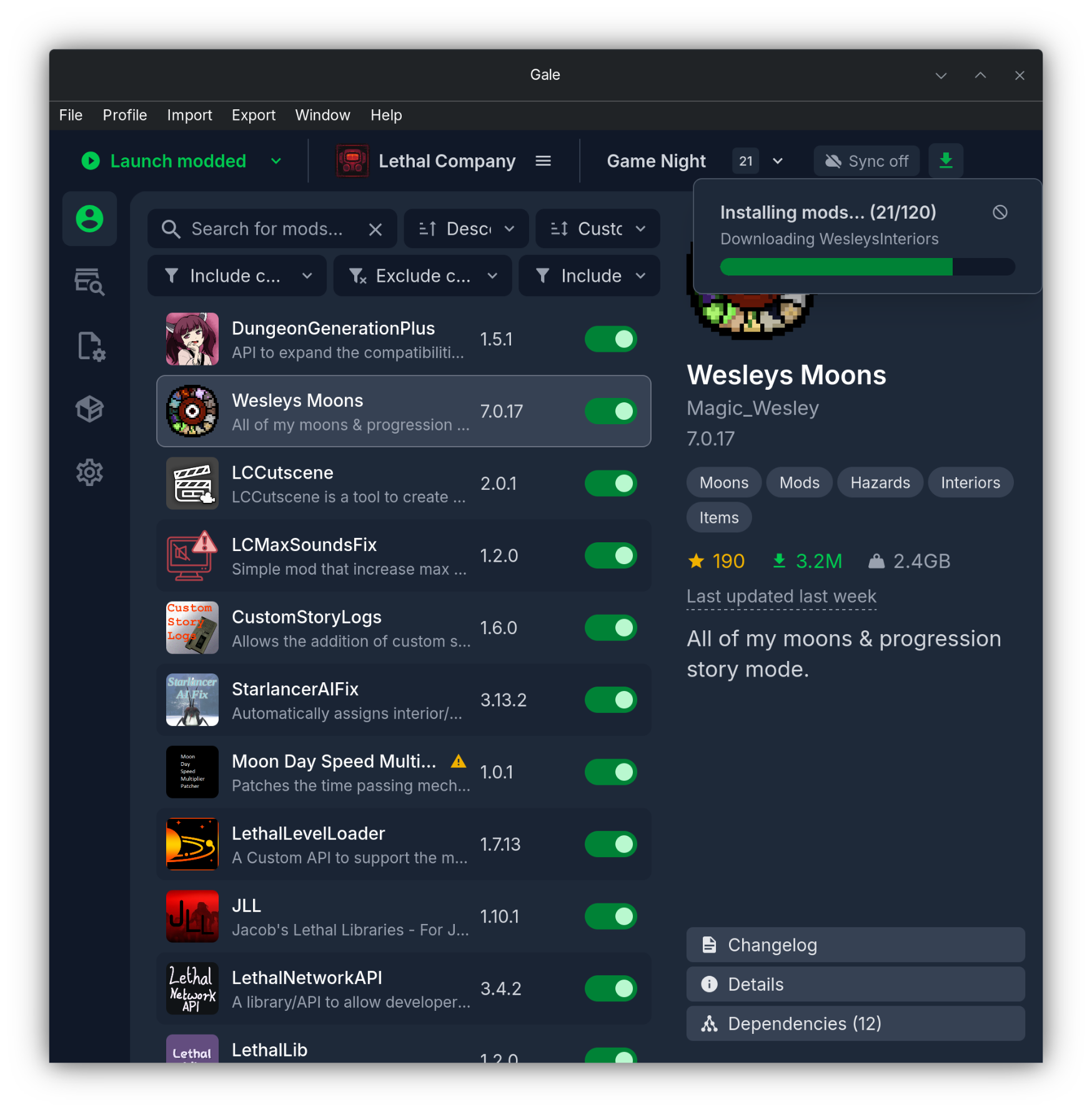 Galeのプロファイル画面。上部にゲームとプロファイルの選択欄、その右にSync offボタンがある