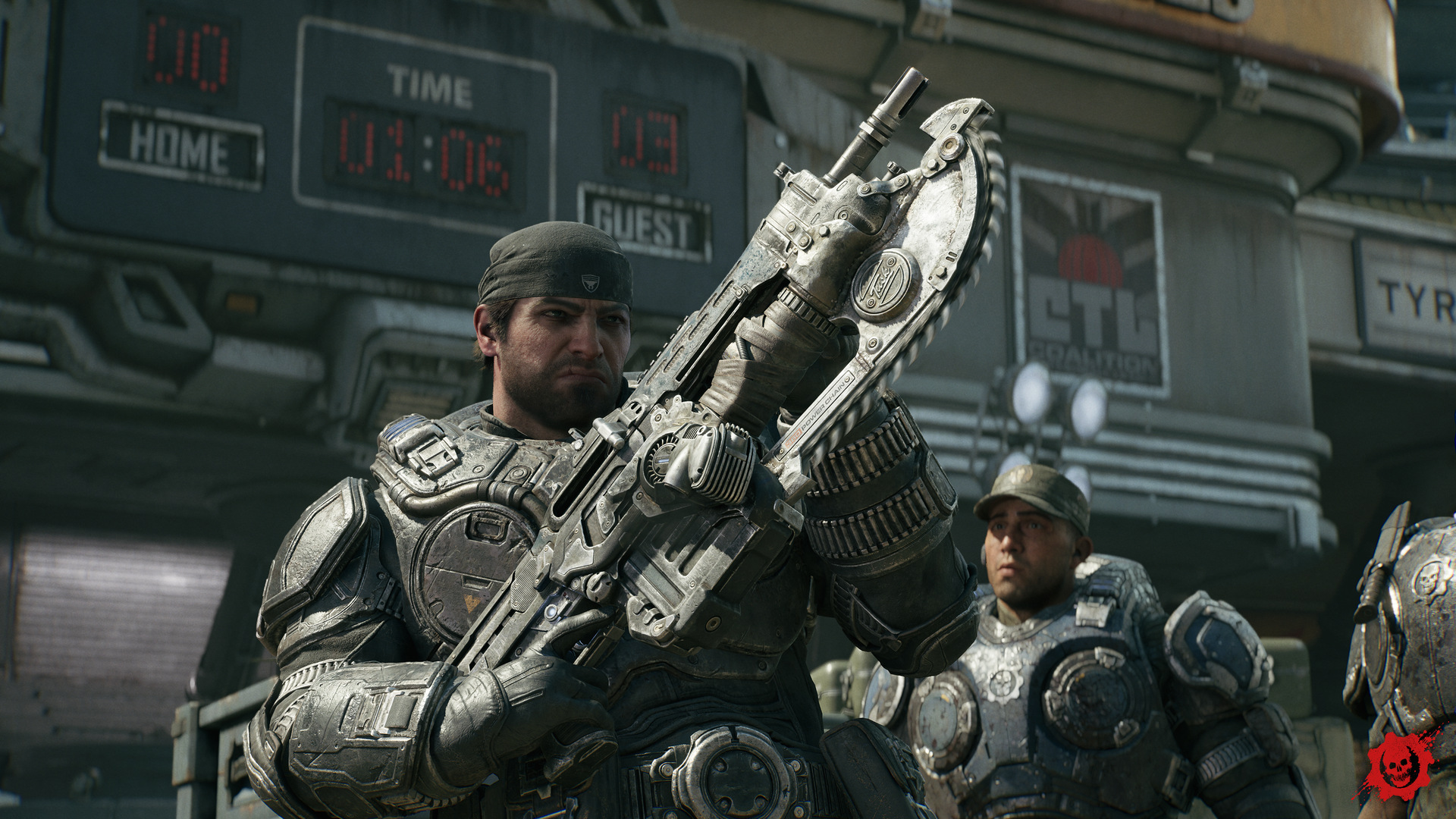 Lancer試作型を手にするMarcus。Gears of War: E-Dayの公式配布スクリーンショット
