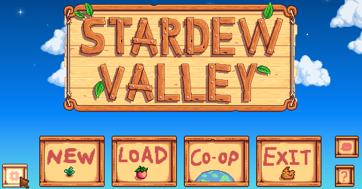 Stardew Valleyのタイトル画面。左下にGMCMを開く歯車ボタンがある