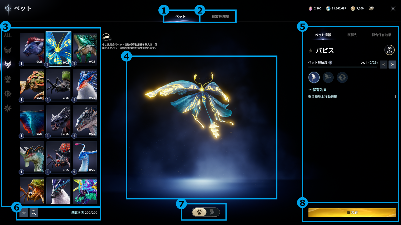 AION2のペット画面。上部にペットと種族理解度のタブ、右側に選択したペットの理解度が表示されている