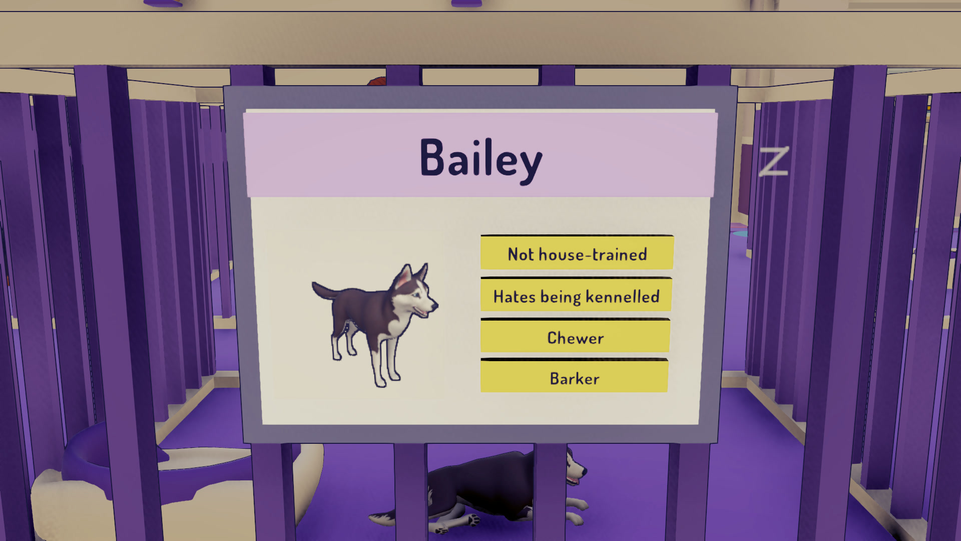 Kennel Chaosで犬の名前Baileyと性格や習慣が表示されたケアカードの公式ゲーム画面