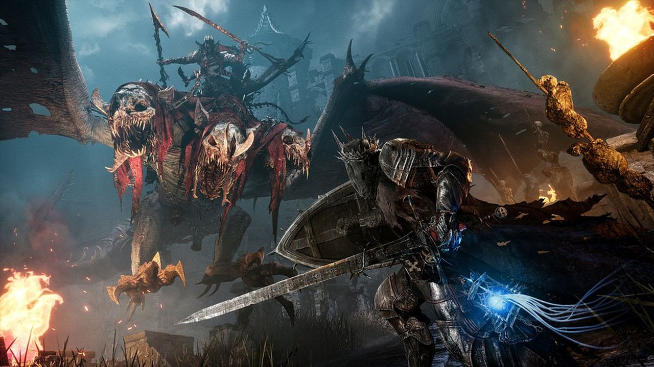 Lords of the Fallenの巨大な敵と、剣と盾を装備した戦士