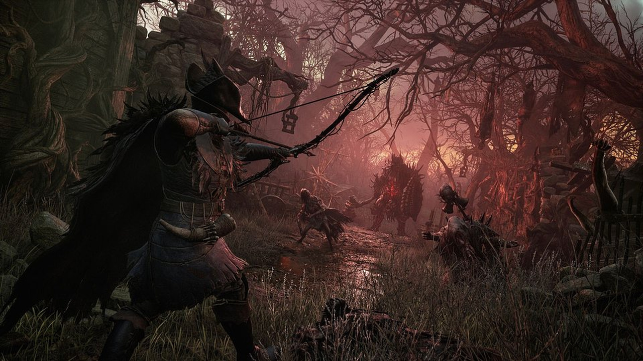 Lords of the Fallenで弓を構え、暗い森の敵と対峙する場面