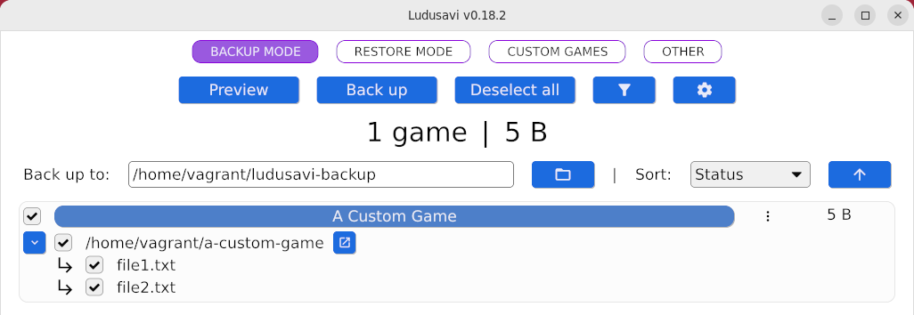LudusaviのLinux版公式サンプルで、ゲームの下にバックアップ対象のフォルダーと2つのファイルが表示されている