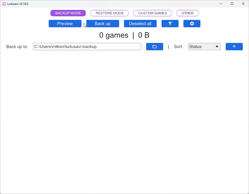Ludusavi公式デモでプレビューを実行し、検出されたゲームとセーブファイルの一覧を開く様子