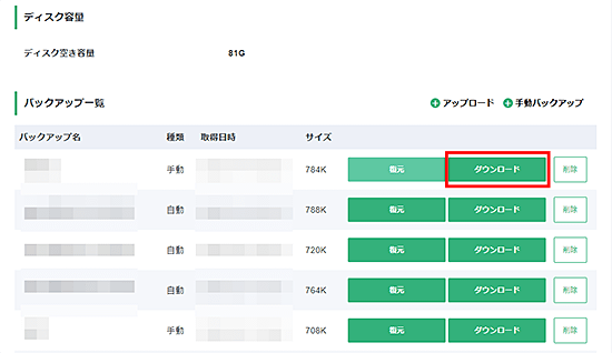 Palworldマネージャーのバックアップ一覧に並ぶ取得日時、サイズ、復元とダウンロードのボタン