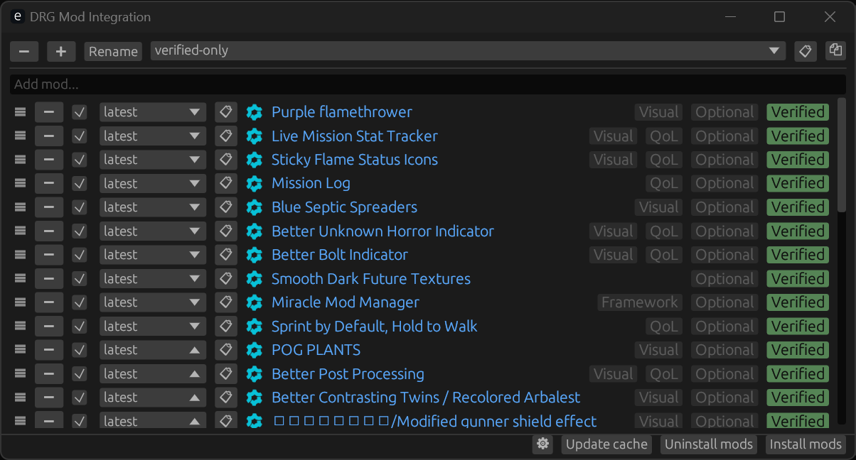 MINTのMOD一覧とUpdate cache、Install modsのボタン