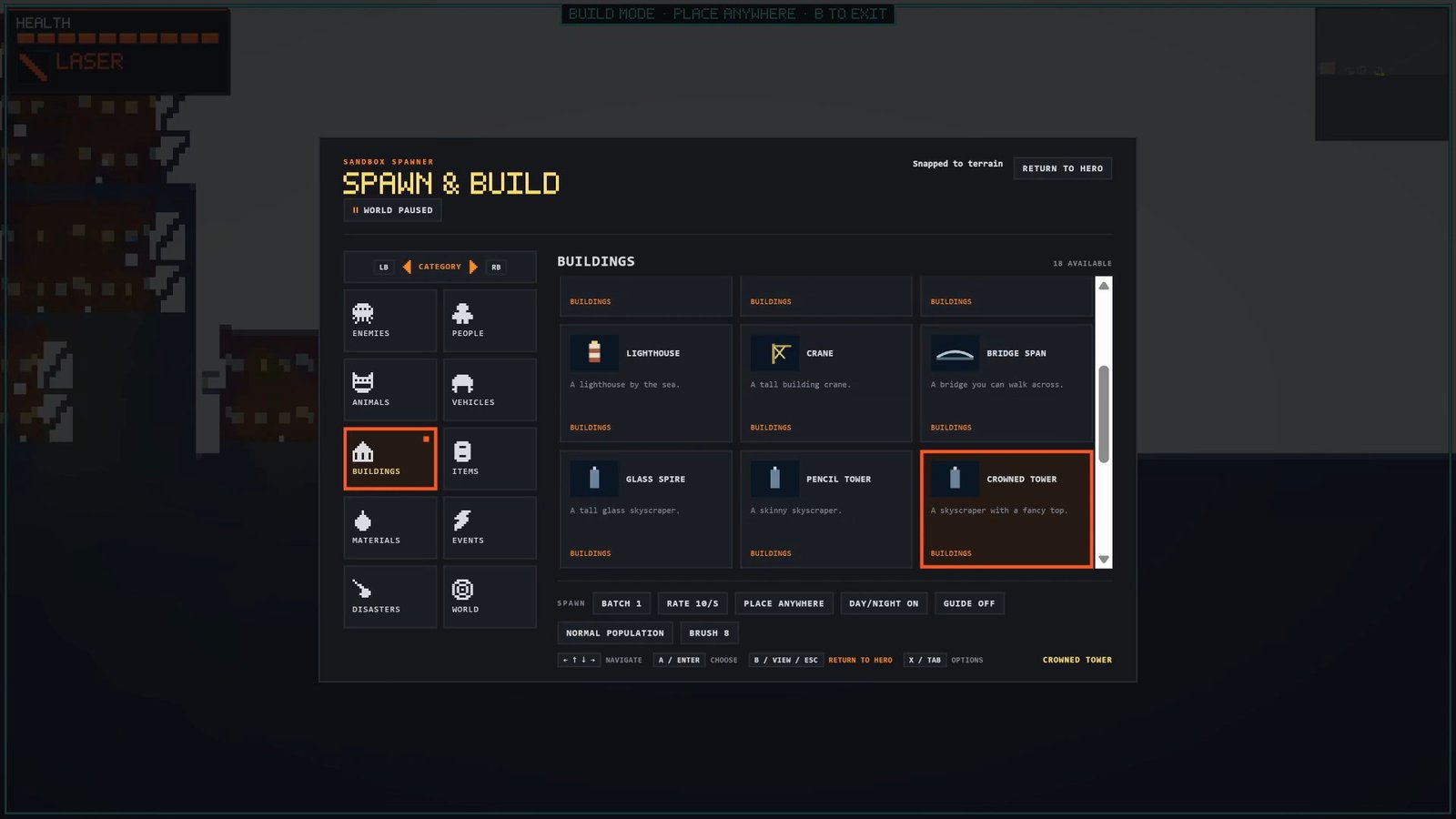 MOLTYNのSPAWN & BUILDメニューで建物を選択している公式デモ画面