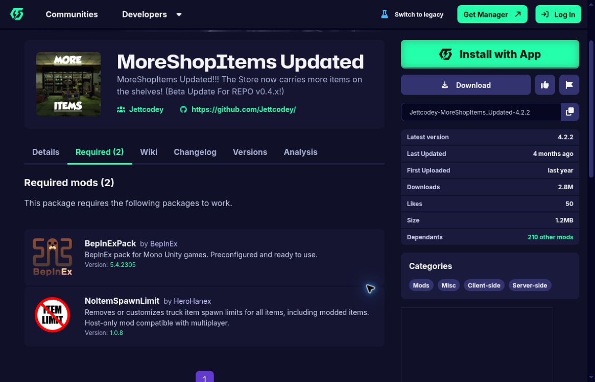 MoreShopItems UpdatedのRequired欄に表示されたBepInExPackとNoItemSpawnLimit