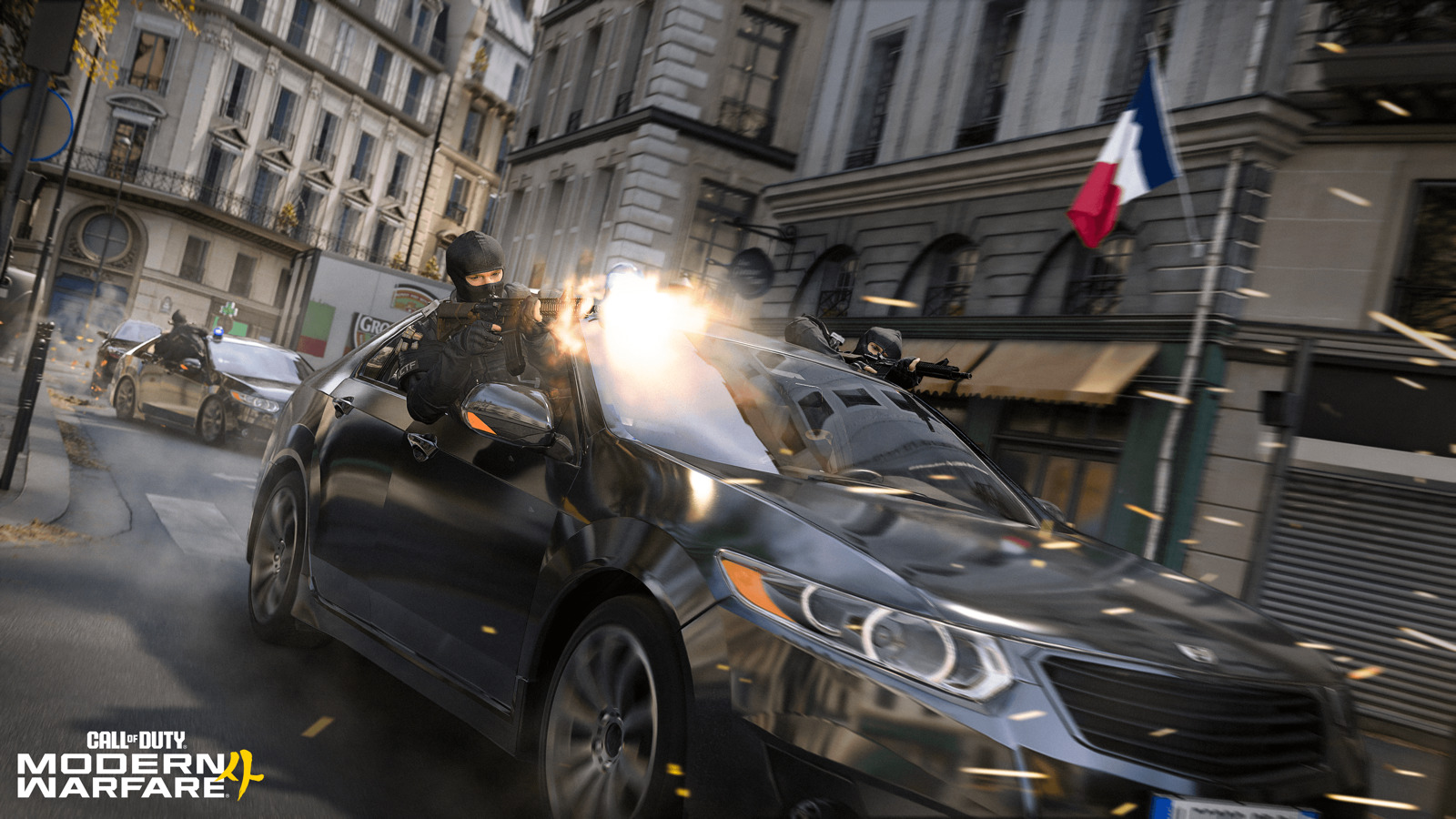 車両から銃撃する兵士を描いたMW4公式キャンペーンスクリーンショット