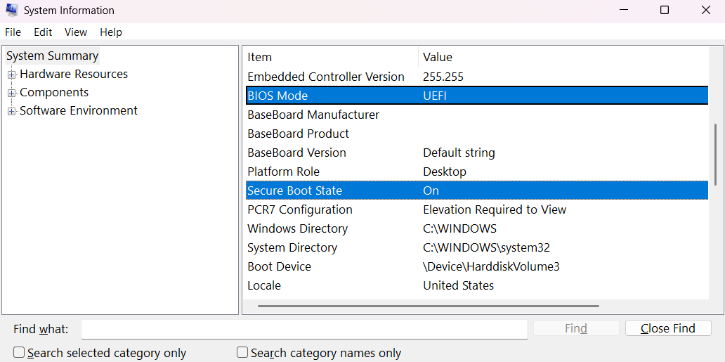 Windowsのシステム情報に表示されるBIOSモードとセキュアブートの状態