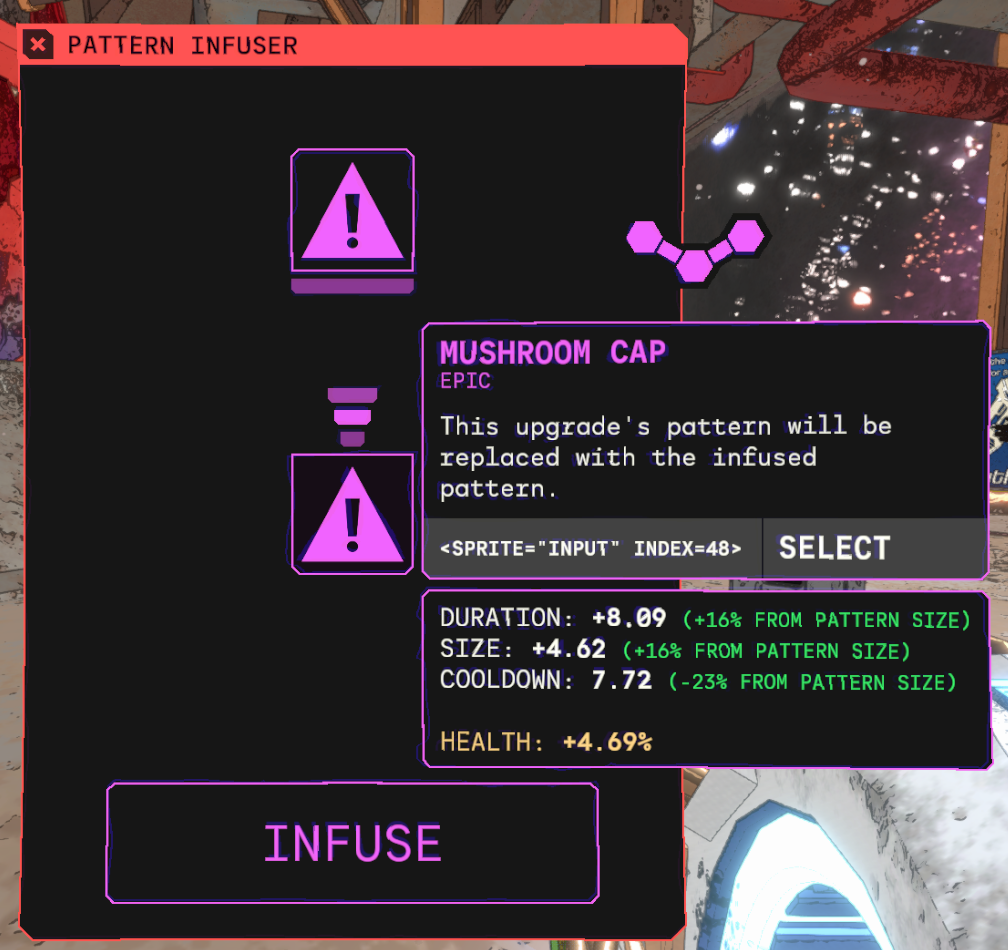 MycopunkのPattern Infuser開発画面。Mushroom Capの持続時間や大きさの増加、クールダウン短縮が緑色で表示されている