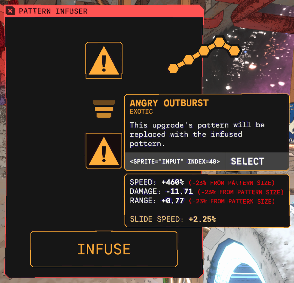 MycopunkのPattern Infuser開発画面。Angry Outburstの効果欄に、形状サイズによる赤いマイナス補正が表示されている