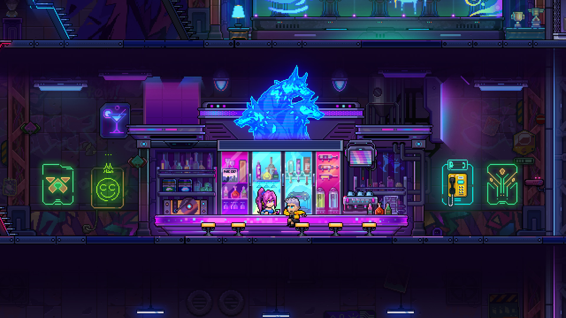 Neon Abyss 2のバーでカウンターの前に立つキャラクター