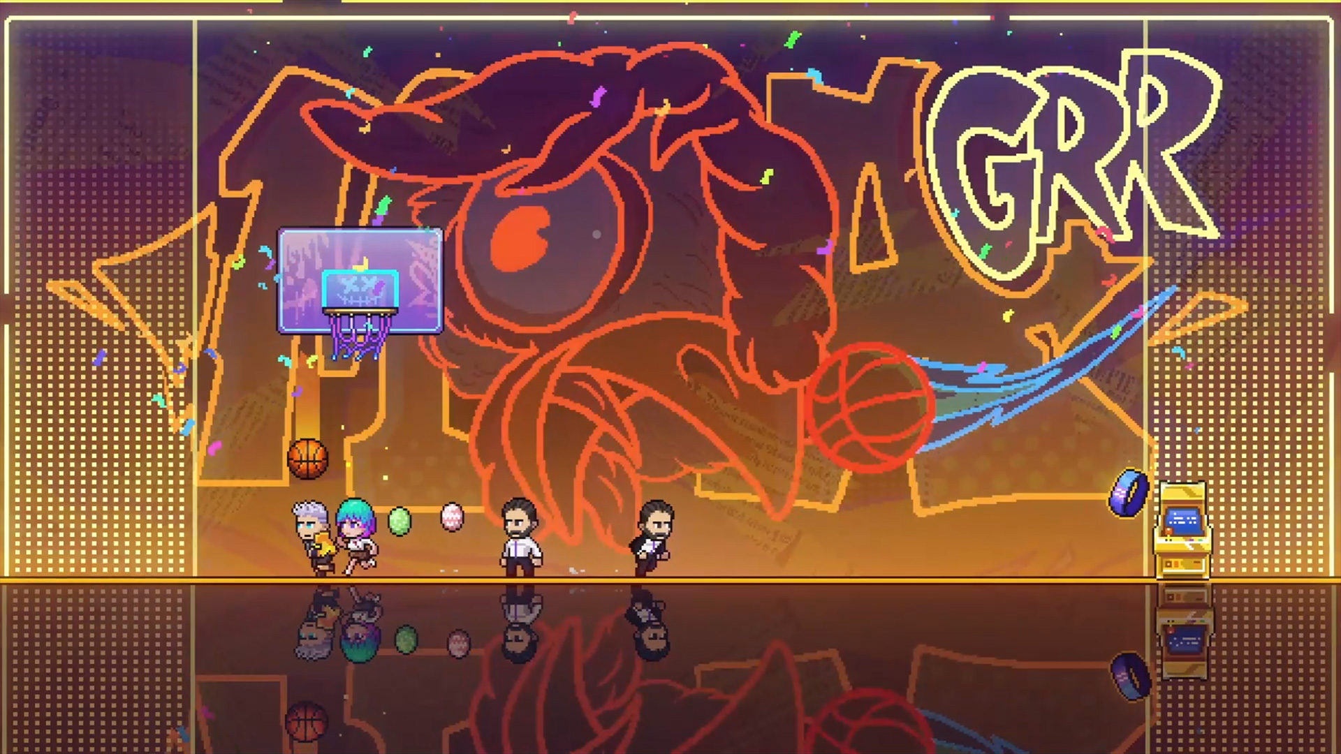 Neon Abyss 2のバスケットコートに集まる4人のキャラクター
