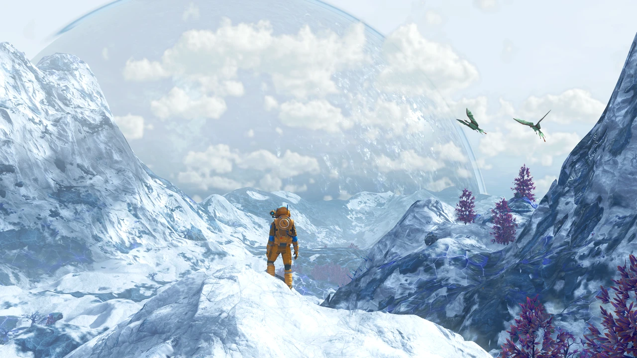 No Man’s Skyの雪の惑星を歩く探索者