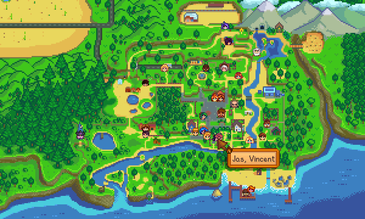 NPC Map Locationsで住人の顔アイコンを重ねたStardew Valleyの地図