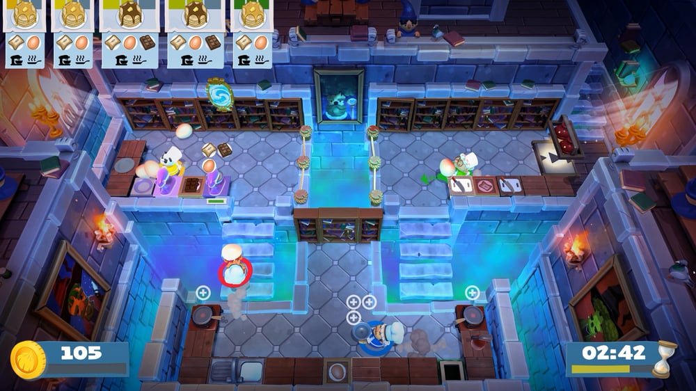Overcooked! 2で4人のシェフが料理するキッチン画面