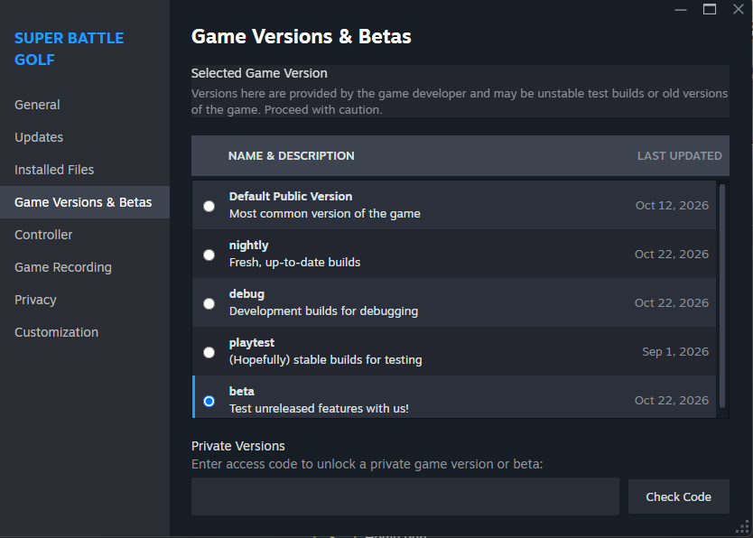 Super Battle GolfのGame Versions & Betasでbetaを選んだ公式設定例