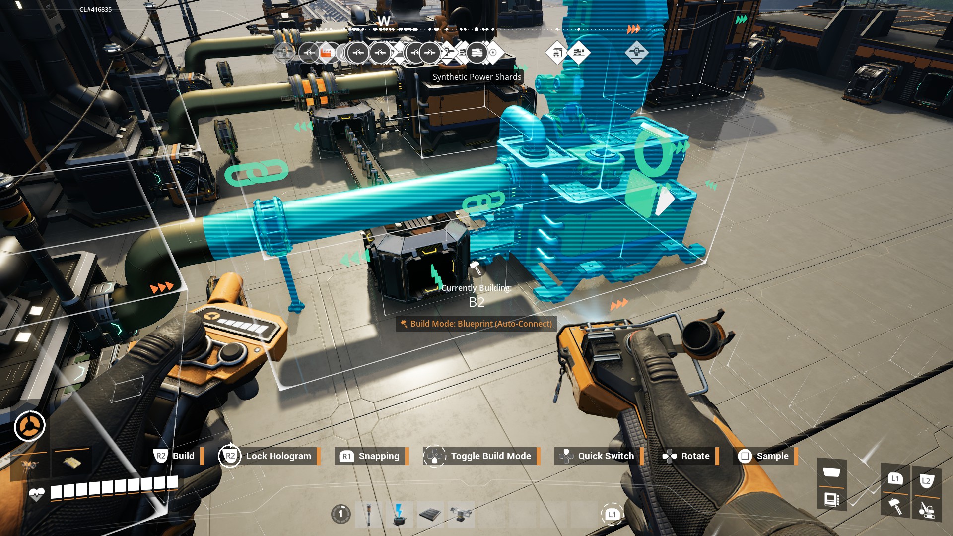 SatisfactoryのBlueprint Auto-Connectモードで、青いホログラムに緑の接続マークが表示された公式画面