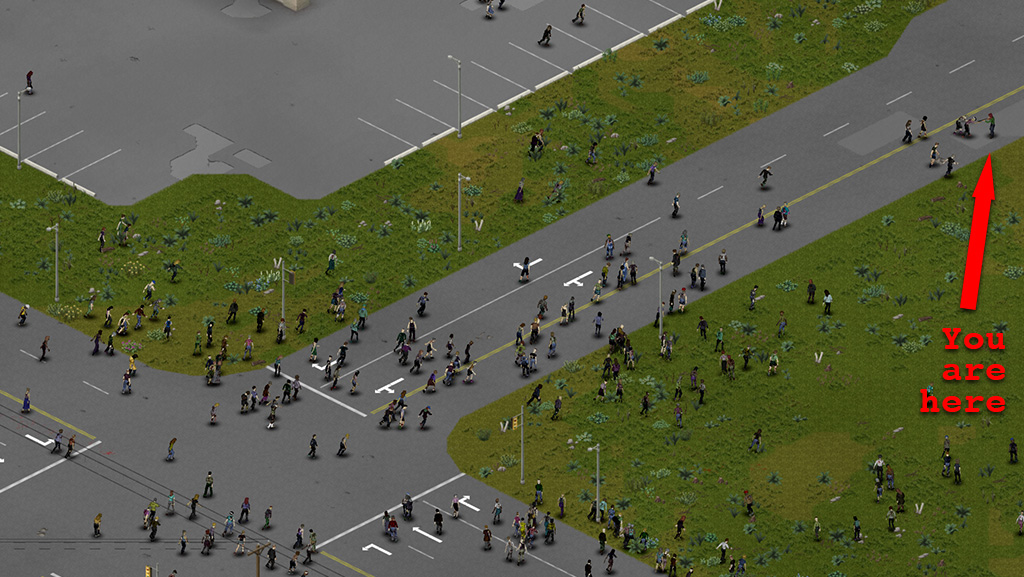 道路と駐車場に多数のゾンビが広がるProject Zomboid Build 42の公式ゲーム画面