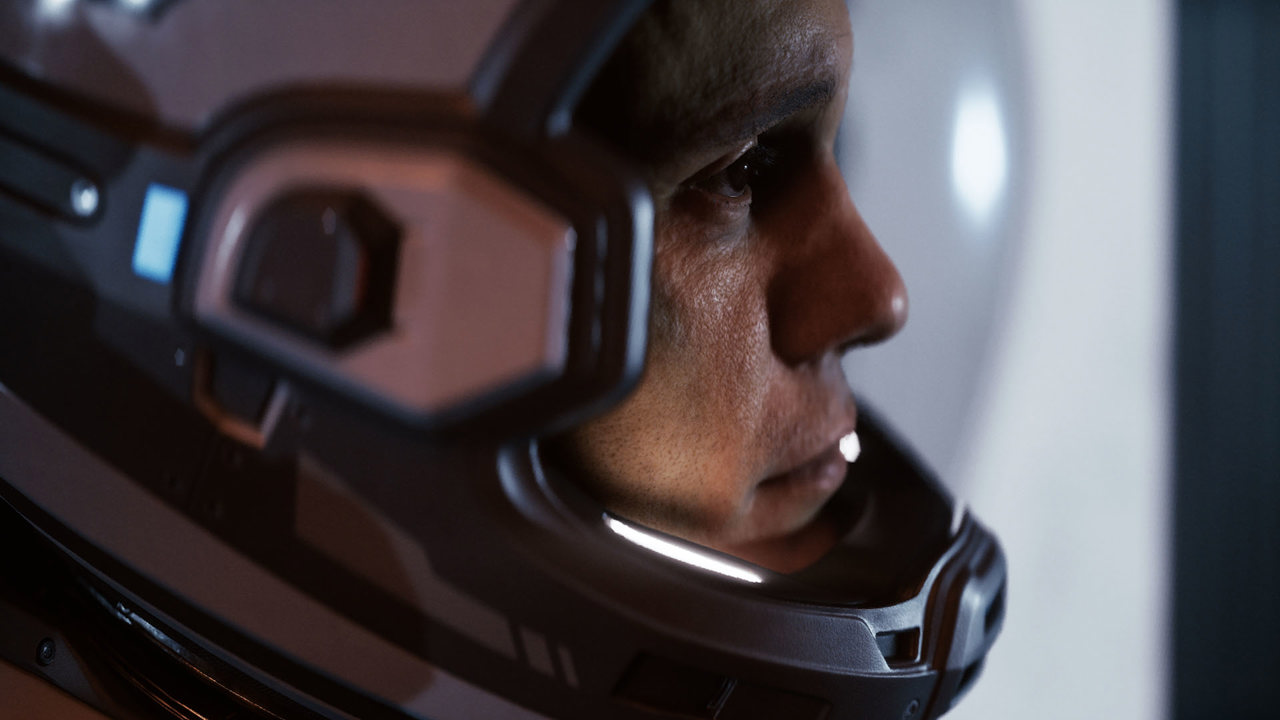 Directive 8020で宇宙服のヘルメットを着けた人物が右を向く横顔