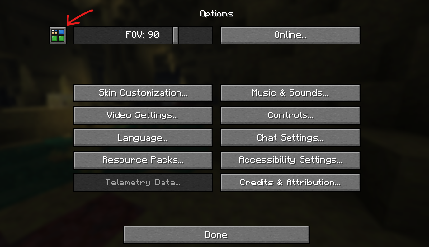 MinecraftのOptions画面で、FOVスライダー左側のDistant Horizons設定ボタンを赤い矢印で示した画面