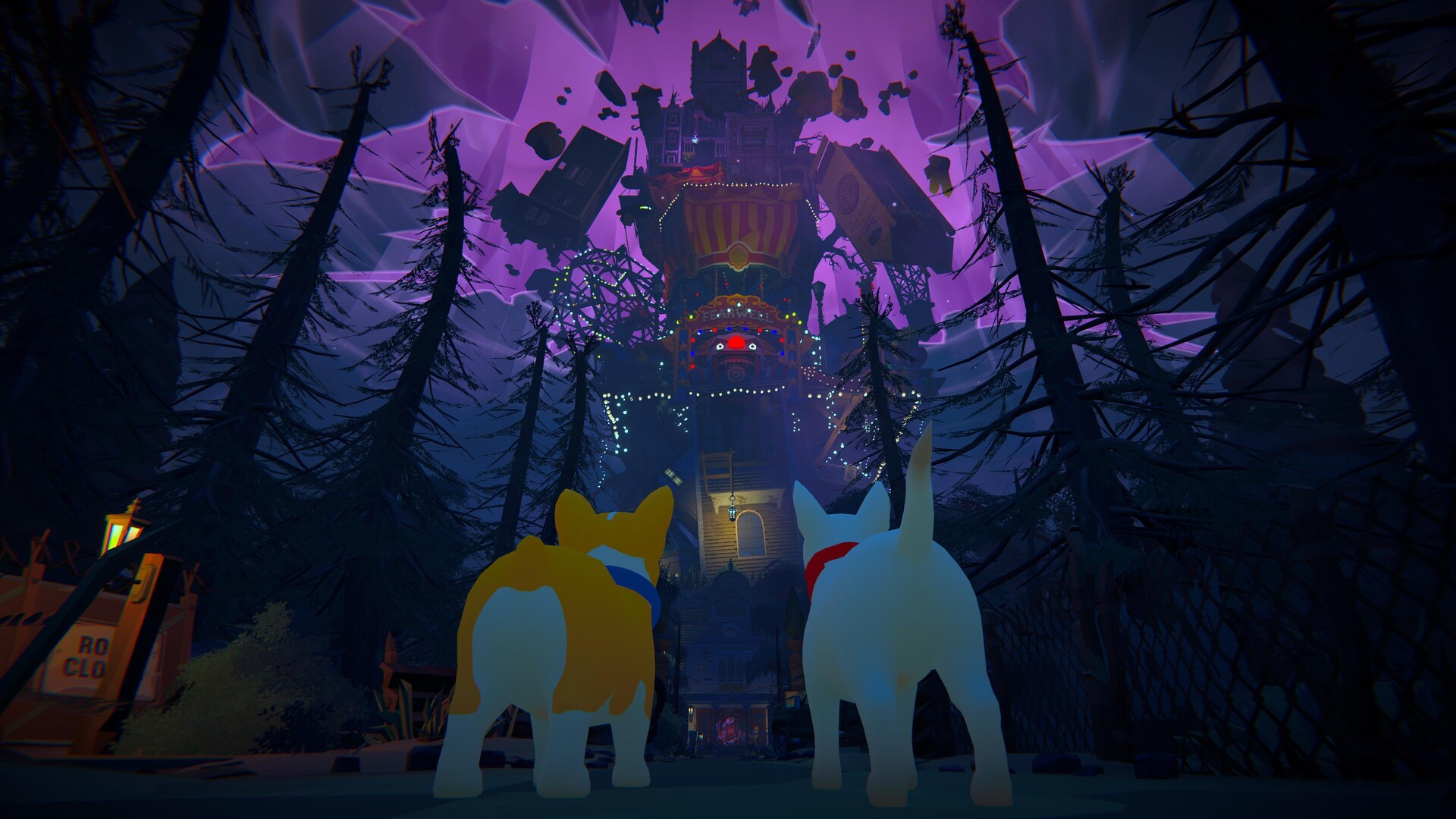 2匹の子犬が不気味な屋敷を見上げるHaunted Pawsの公式ゲーム画面