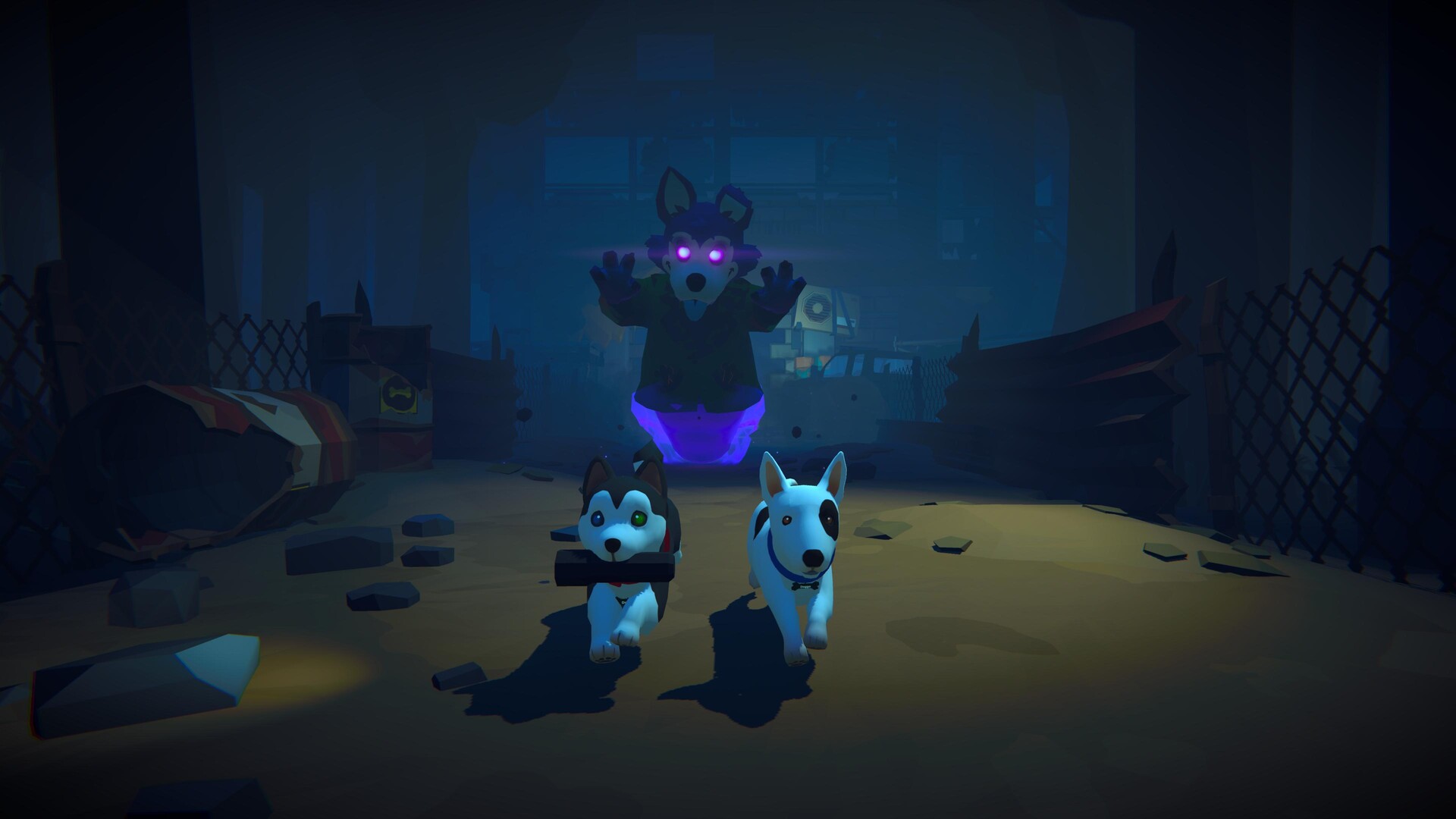 紫色の幽霊のような敵から2匹の子犬が逃げるHaunted Pawsの公式画面