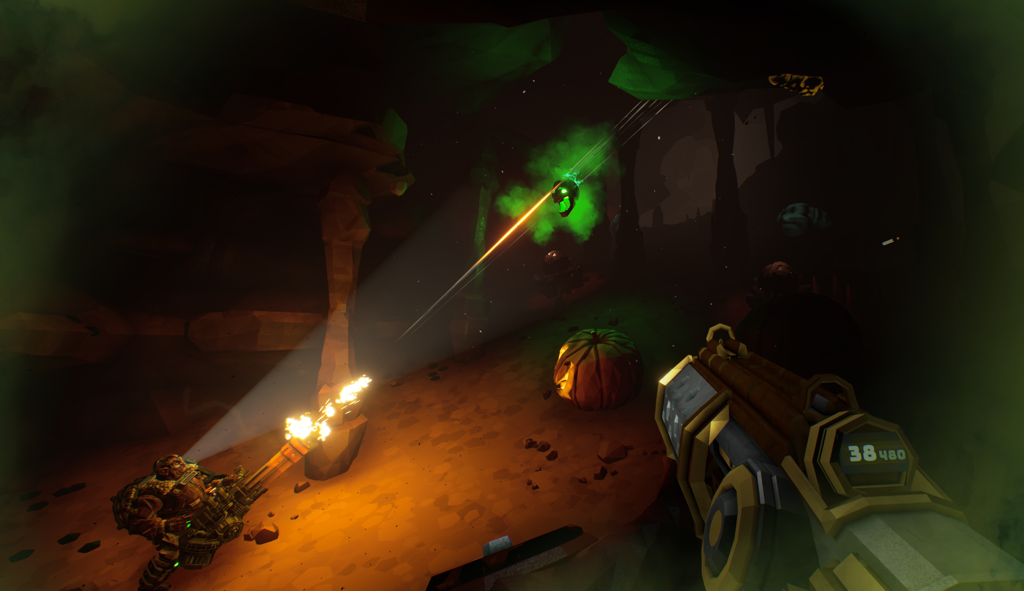 Deep Rock Galacticの洞窟で、緑色に光る飛行スカルへ仲間が射撃する一人称画面