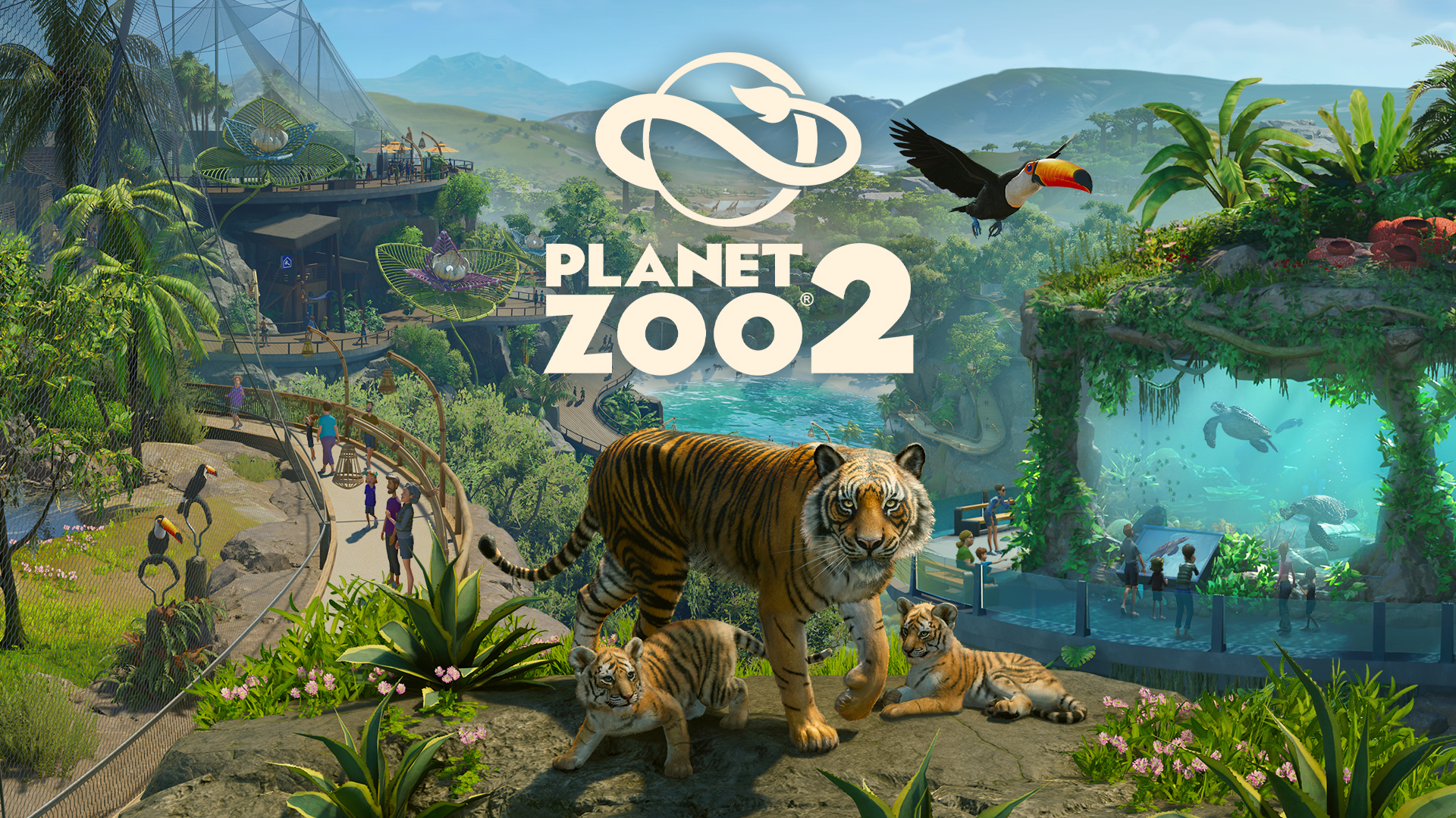 『プラネット ズー 2』の公式キーアート。虎の親子と動物園、作品ロゴ。