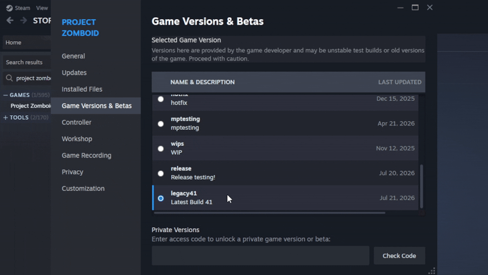 SteamのGame Versions & Betasでlegacy41を選択している公式案内の画面