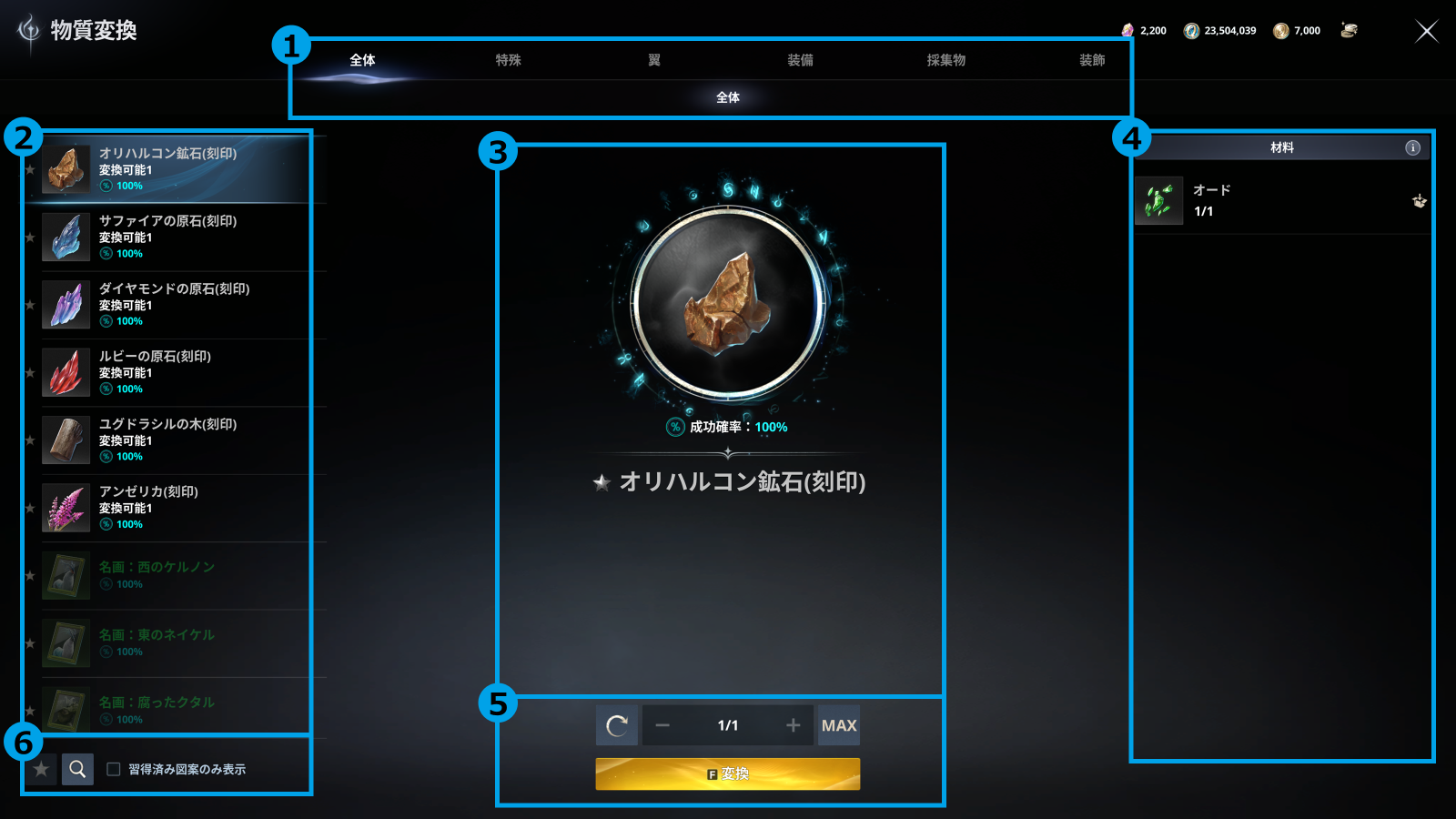 AION2日本公式ガイドの物質変換画面。上にカテゴリ、中央に対象、右に材料、下に数量と変換ボタンがある