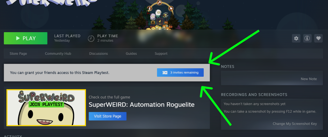 SuperWEIRD公式ガイドに掲載されたSteam Playtestの招待残数表示