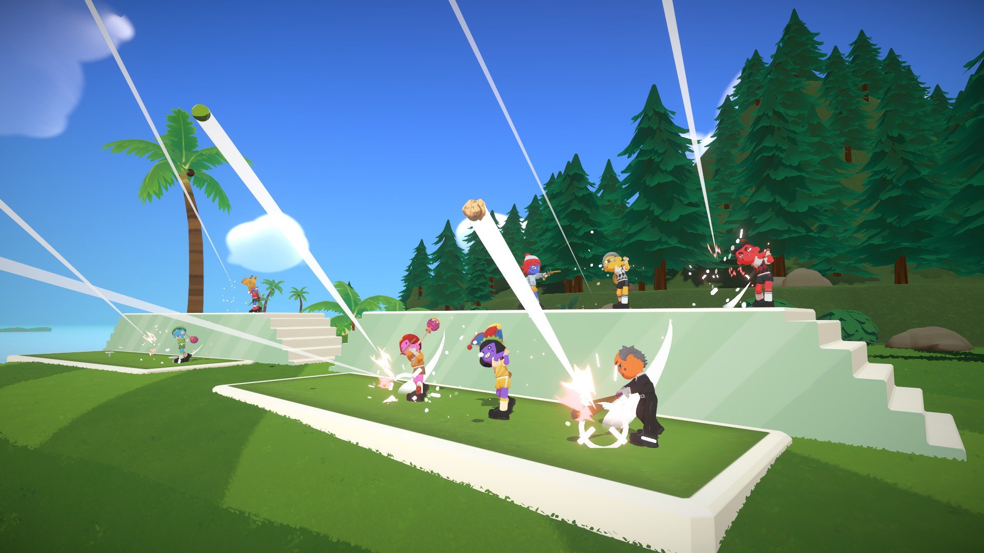 森林のコースで複数のゴルファーが同時にボールを打つSuper Battle Golfの公式画面