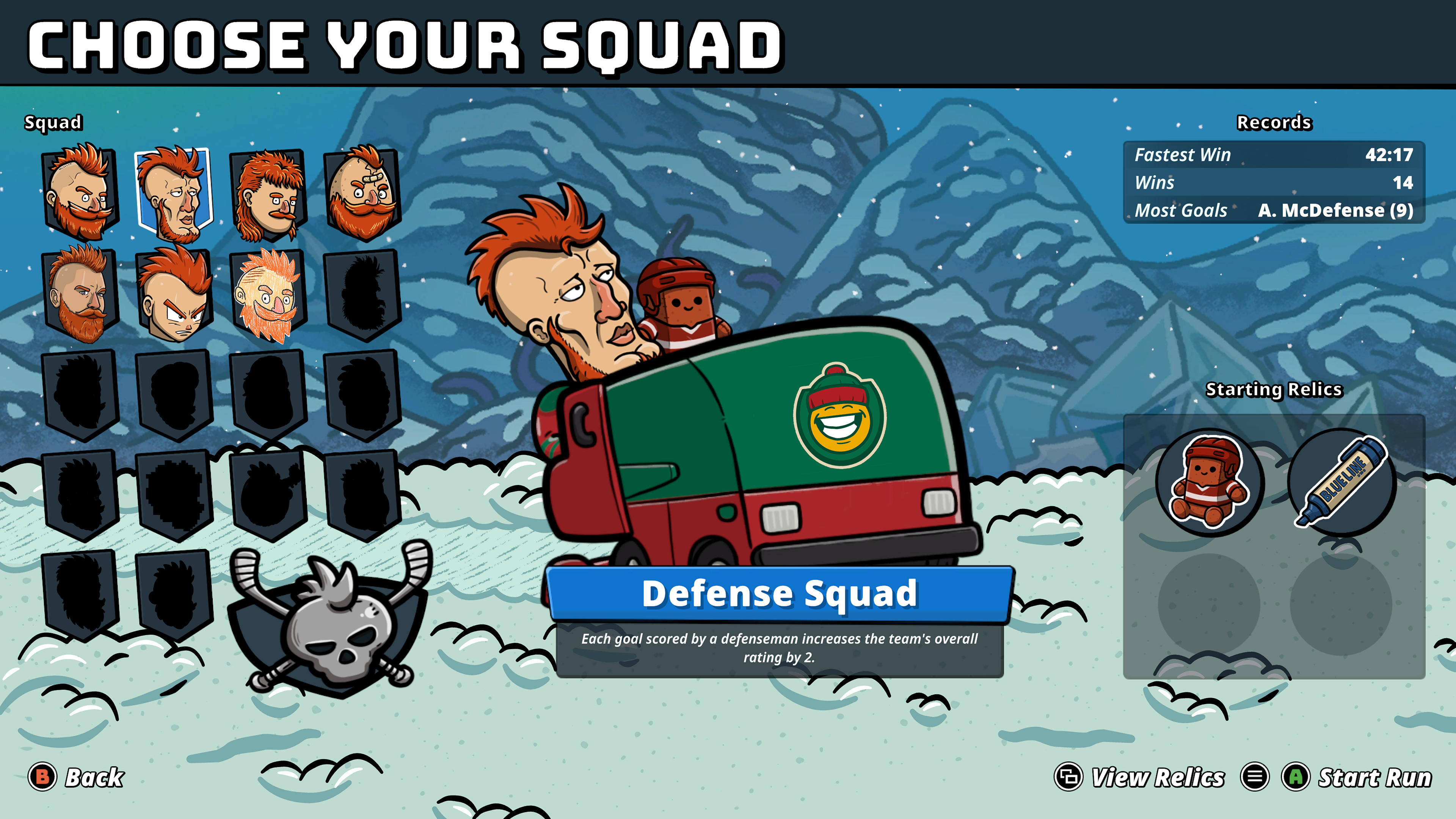 Defense Squadを選び、未解放のSquadやStarting Relicsを表示した画面