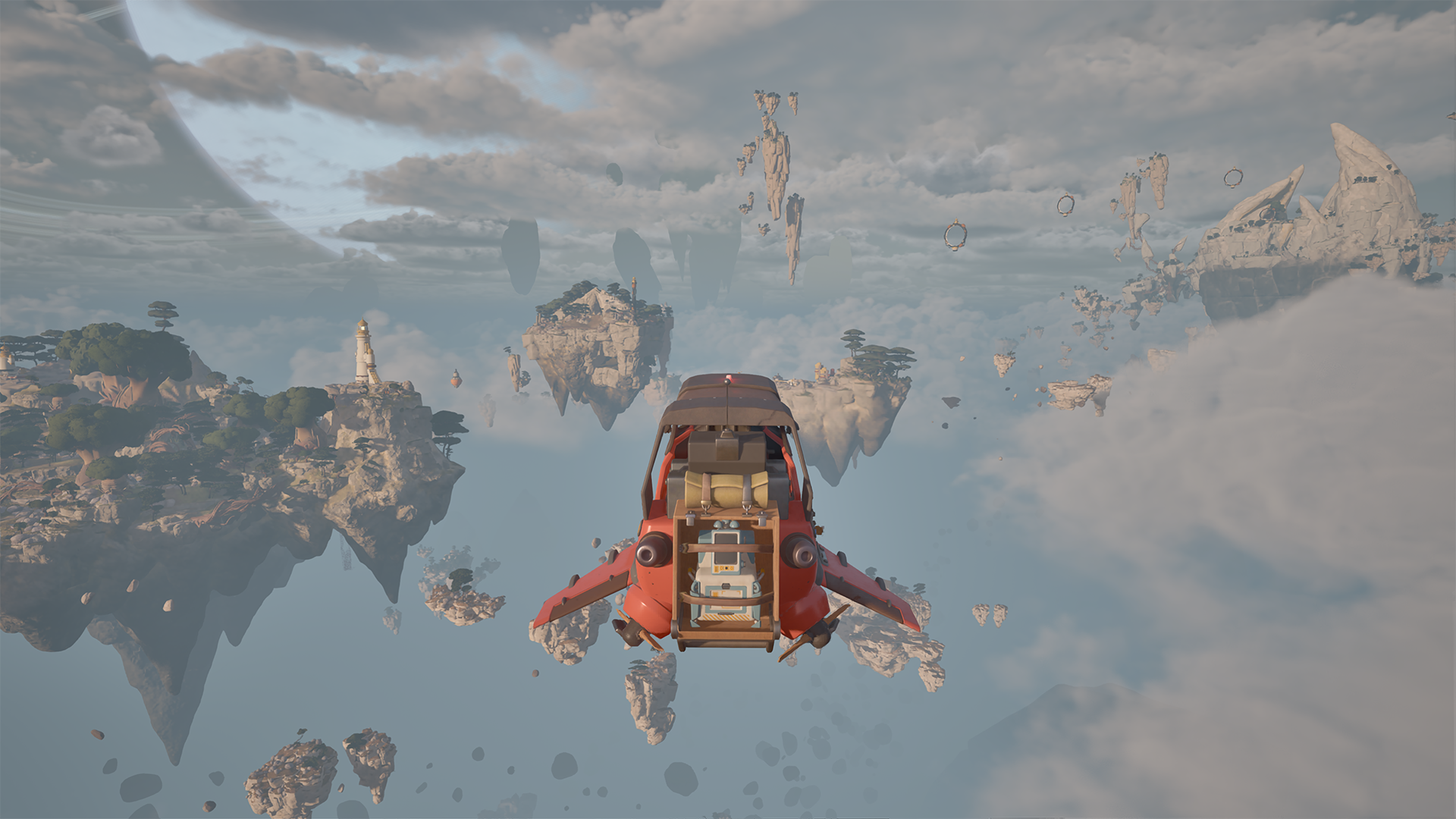 ATMOSFARの小型飛行艇ワスプで浮遊島の間を飛行する公式画面