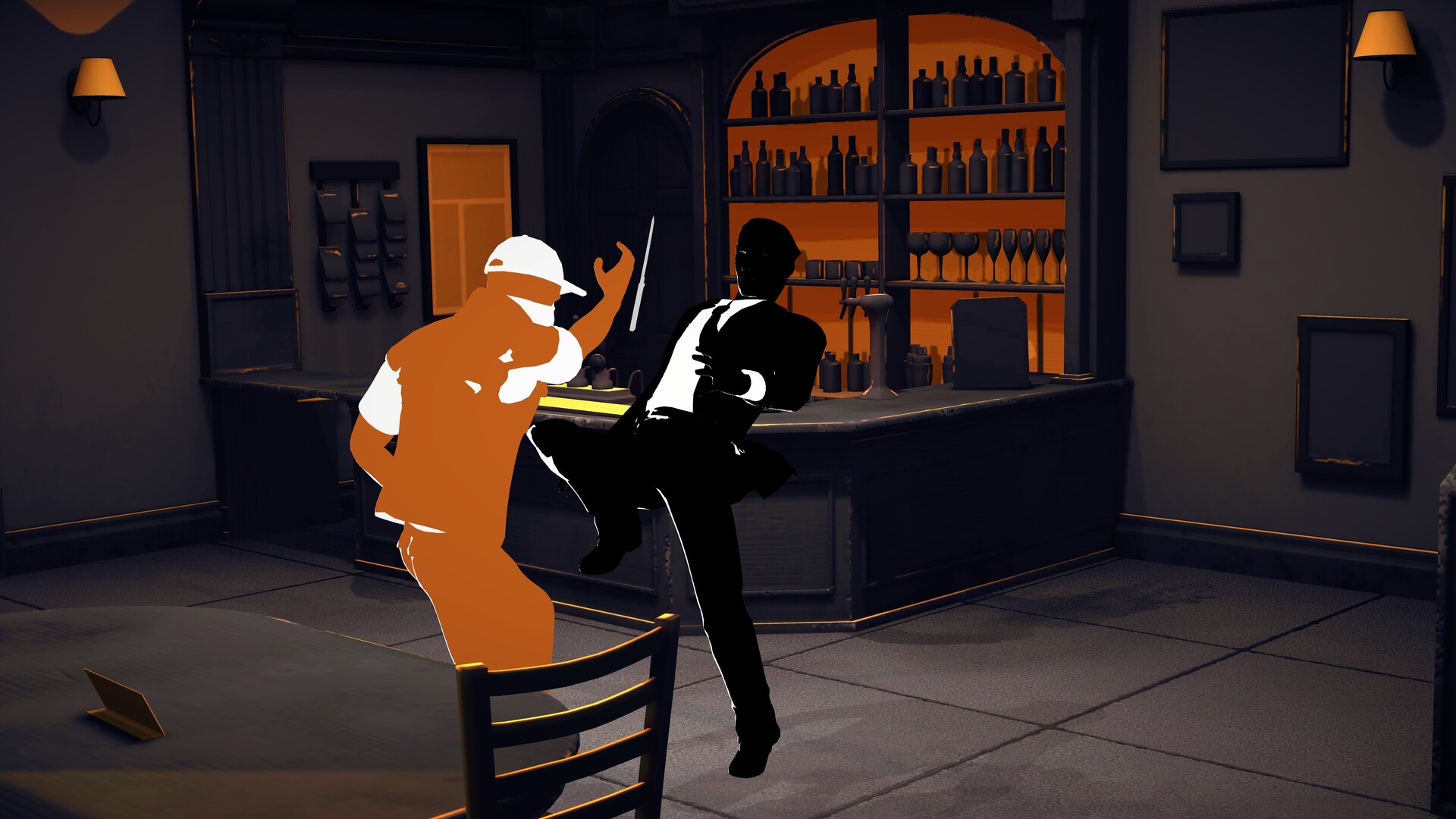2 Fights in 2 Tight Spacesのバーで、黒いスーツの人物がオレンジ色の敵と戦っている