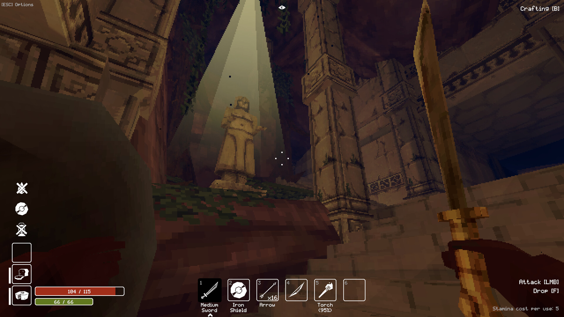Deep Dish Dungeonの一人称探索画面。盾と武器を構え、高い天井と石像のある通路を見上げている