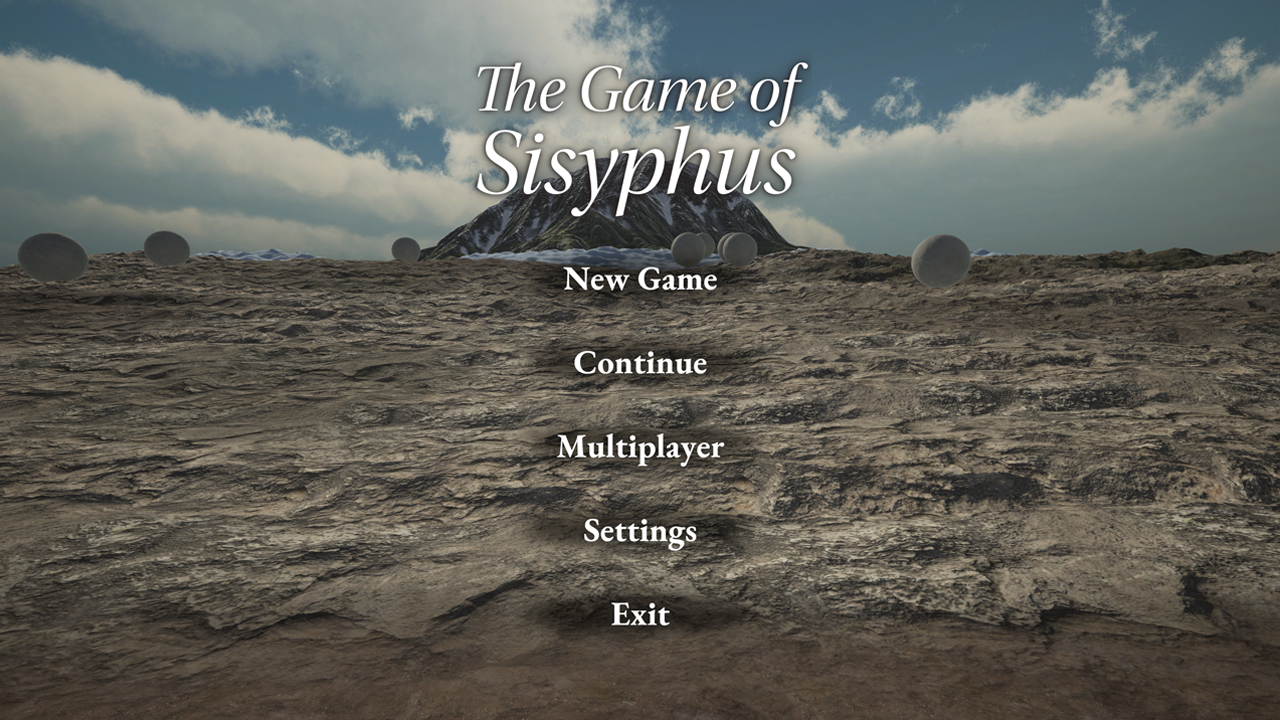 The Game of Sisyphusのタイトル画面。New Game、Continueに続いてMultiplayerの項目がある
