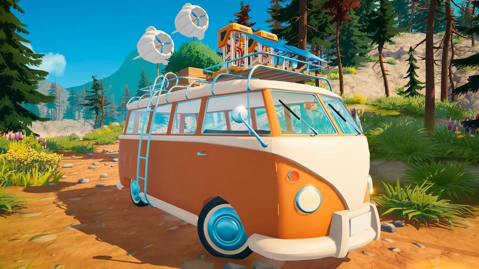 森の中に停めた改造キャンピングカーを映すOutboundのゲーム画面