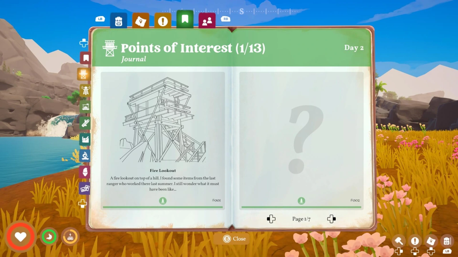 Outboundで旅の記録を確認するジャーナルのゲーム画面