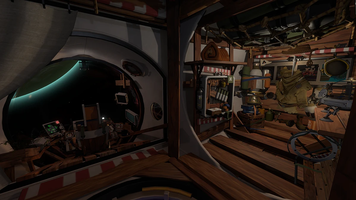 木製の内装と操縦席、宇宙服が並ぶOuter Wildsの宇宙船内