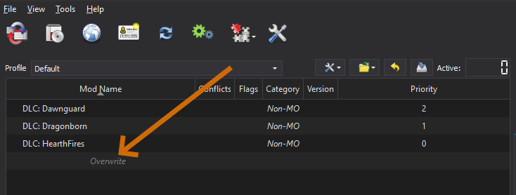 MO2公式WikiのMOD一覧。最下部のOverwriteをオレンジ色の矢印が指している