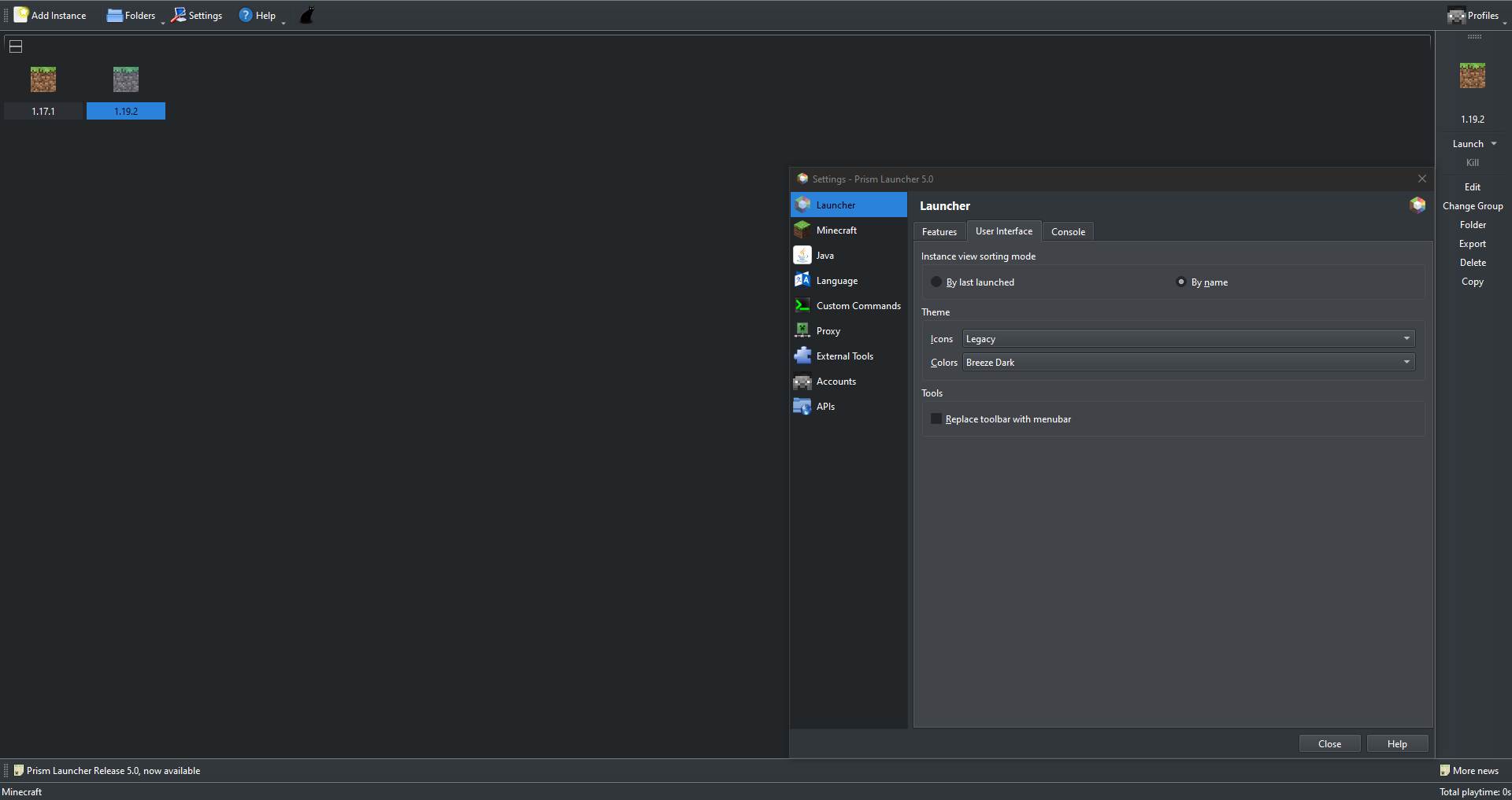 Prism Launcher 5.0のインスタンス一覧とBreeze Darkテーマの設定画面