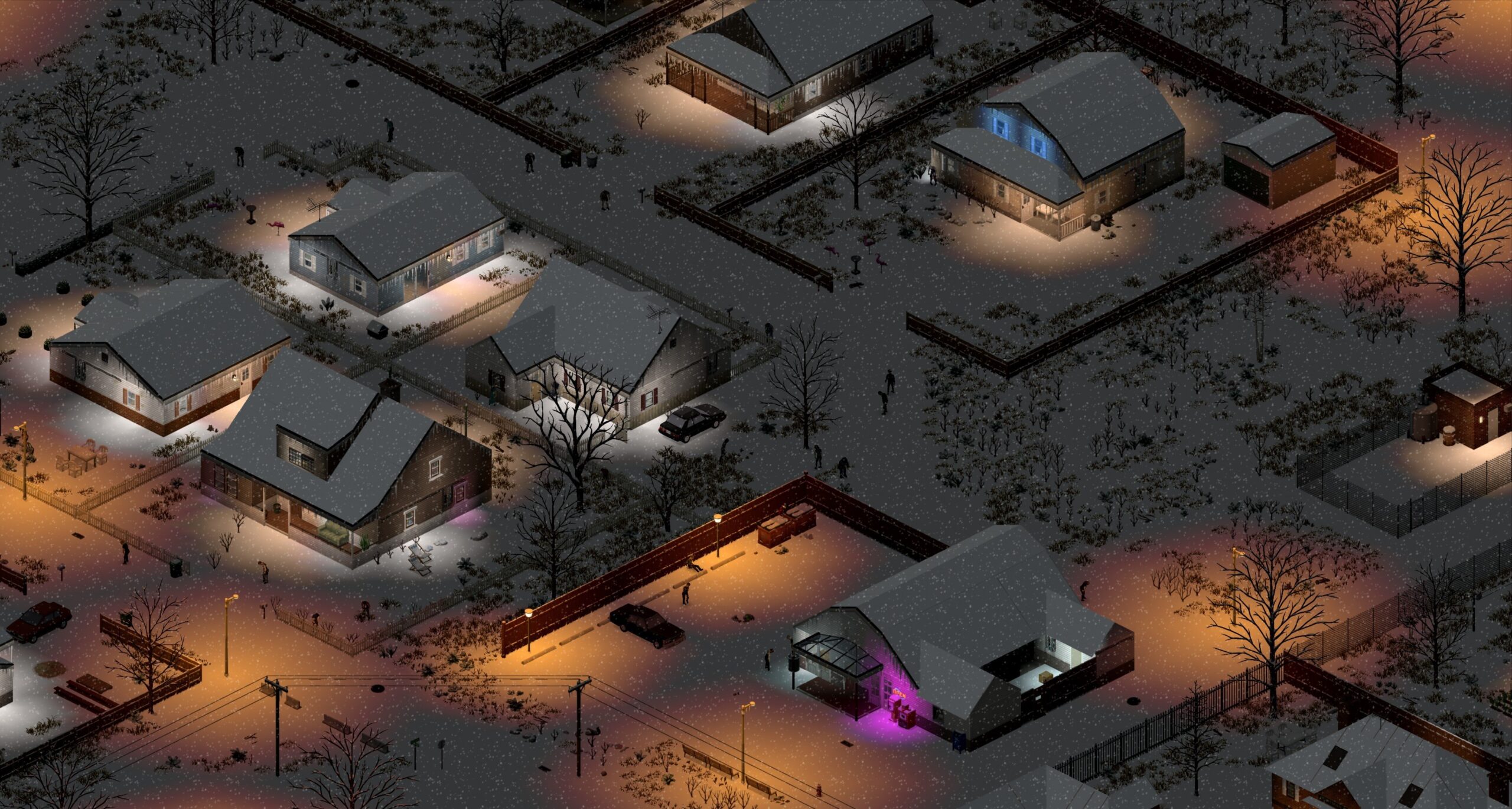 雪に覆われた夜のマルドロー。住宅や店舗の明かりが街を照らすProject Zomboid Build 42の公式ゲーム画像