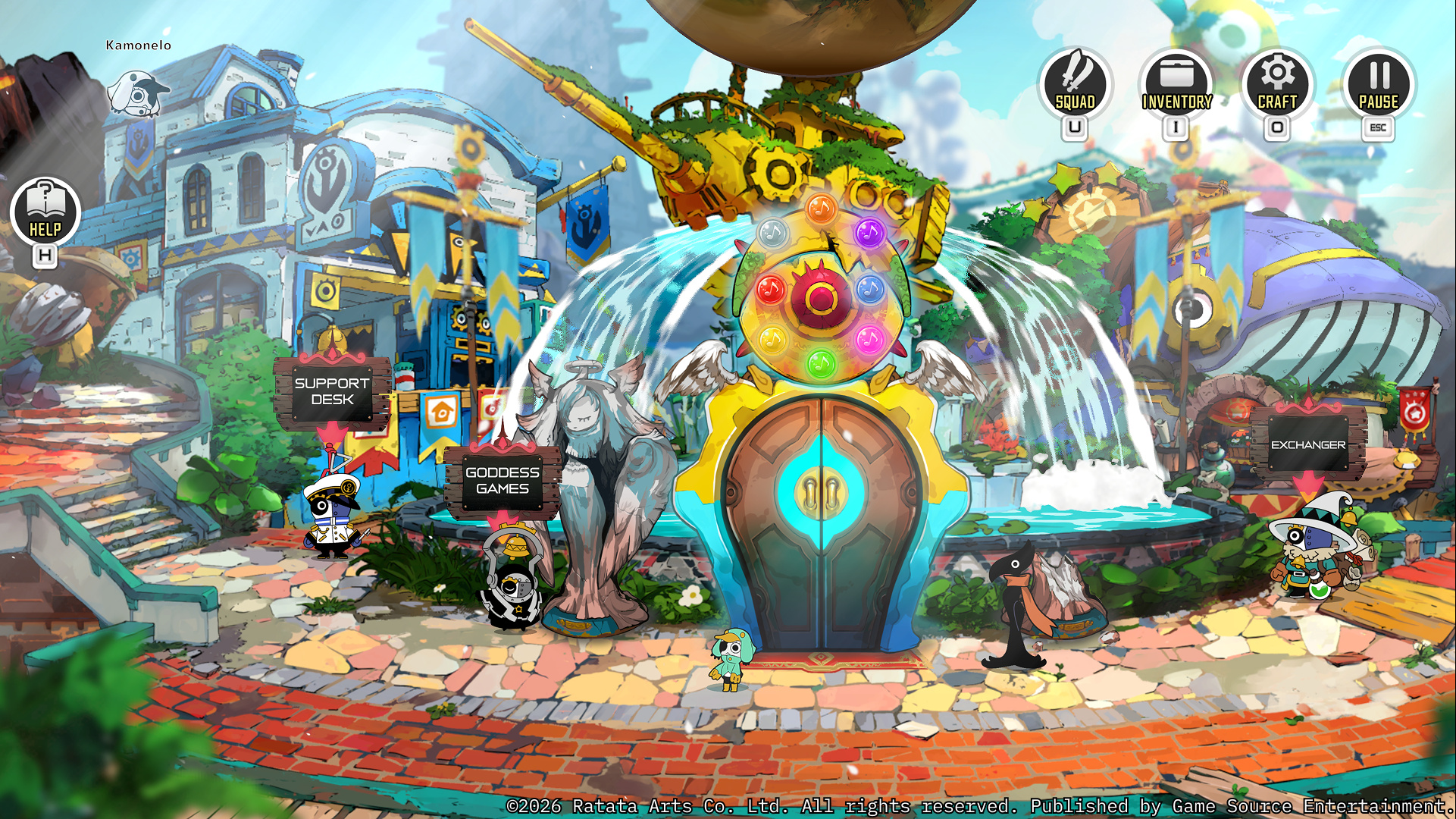 Ratatanの拠点にGODDESS GAMESとHELPの案内が表示された英語UIの公式画像