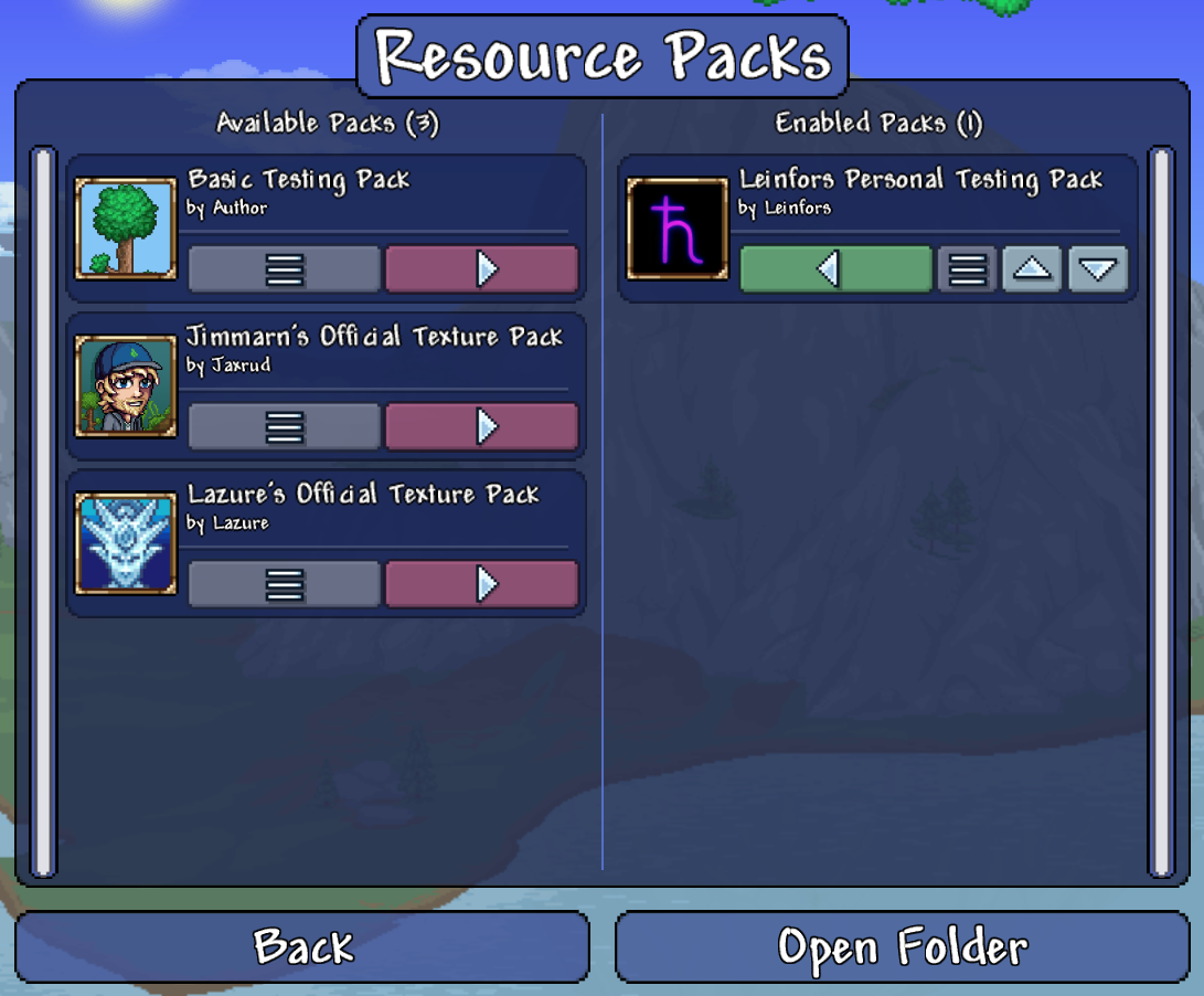 Resource Packsメニュー。左にAvailable Packs、右にEnabled Packsがあり、左右の矢印で有効・無効を切り替える