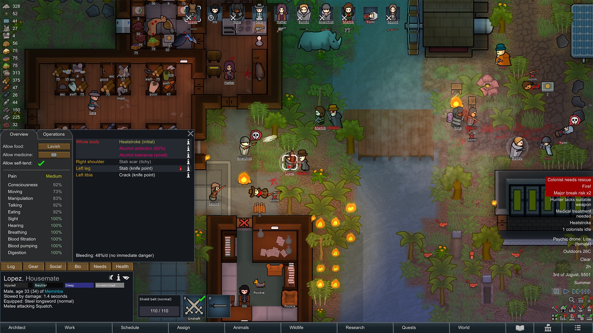 戦闘と火災が起きたRimWorldの拠点と、負傷した住人の健康パネル