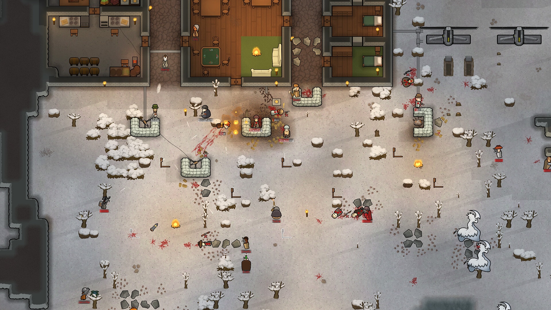 雪の積もったRimWorldの拠点前で、土のうとタレットを使って戦う住人たち